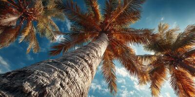 Palm trees sway under a bright blue sky on a sunny day in a tropical paradise paradise location photo