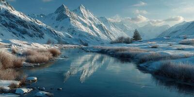 Snowy mountain landscape with serene river reflecting peaks during early morning light photo