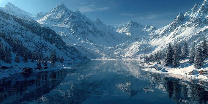 Snowy mountain landscape with a serene lake during winter in a quiet nature setting photo