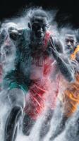 Athletes compete in a sprint event surrounded by clouds of dust and smoke during an intense race photo