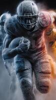 Dynamic football player breaks through tackles during intense game in autumn evening photo