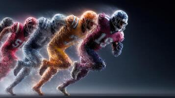 Dynamic football players sprinting in multiple colors illustrating speed and energy in sports competition photo