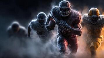 Dynamic football players sprinting forward in a dramatic, smoky atmosphere during an intense night game photo