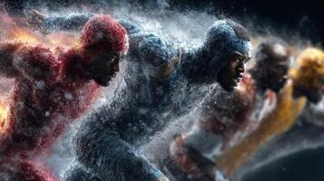 Dynamic human figures sprinting forward, showcasing motion and power in a water-themed environment photo