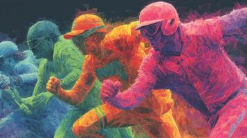 Brightly colored jockeys racing on horseback during an intense competition at a racetrack in the early afternoon sun photo