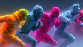 Dynamic runners in colorful athletic gear sprinting forward against a vibrant gradient background photo