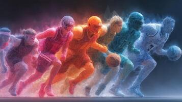 Dynamic athletes in vibrant colors showcasing basketball and football elements during an energetic competition photo