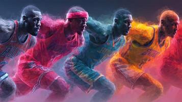 Dynamic basketball players in action during an intense game highlighting vibrant team colors and athleticism photo