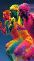 Brightly colored runners sprinting in a dynamic and energetic race, showcasing athleticism and determination photo