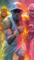 Dynamic athletes in vibrant colors competing during a sporting event on a sunny day photo