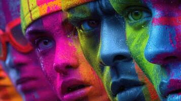 Colorful faces of young participants showcasing vibrant paint at an outdoor art event in a lively atmosphere photo