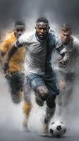 Intense football players sprinting towards the goal during a competitive match in an urban setting photo