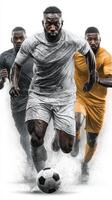 Players competing fiercely in a soccer match during a rainy day on an outdoor field photo