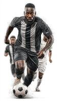 Dynamic soccer player sprinting towards goal with teammates in action during an intense match in a stadium photo