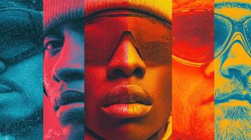 Colorful portraits of stylish individuals wearing sunglasses in a vibrant urban setting during winter photo