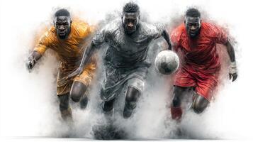 Soccer players in action, showcasing speed and determination with a dynamic backdrop of bold colors and motion photo