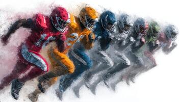 Dynamic action of football players in colorful uniforms sprinting during an intense training drill at a sports facility photo