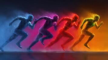 Dynamic representation of human movement with vibrant color effects showcasing four runners in motion photo
