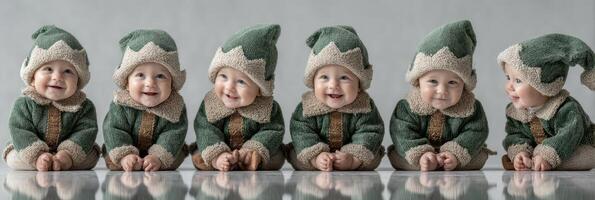 Six adorable babies dressed in matching elf costumes pose against a neutral backdrop during a winter photo session