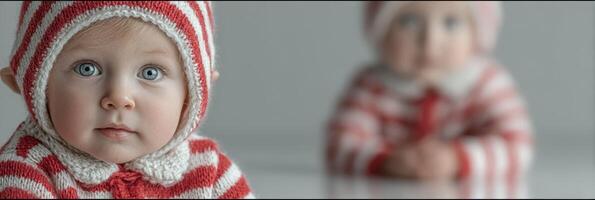 Cute baby in striped outfit sits in front of another child wearing similar attire in soft lighting photo