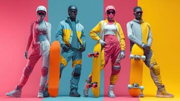 Group of stylish skaters posing with colorful skateboards against a vibrant backdrop photo