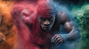 Dynamic athlete in vibrant colors showcasing strength and determination during a sprint photo