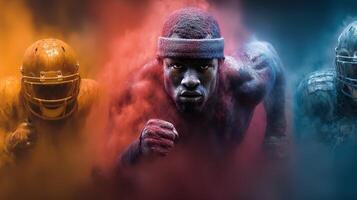 Intense athletes compete in a dynamic football challenge surrounded by vibrant colored smoke effects photo