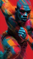 Dynamic athlete in vibrant colors showcasing speed and determination during a sprint photo