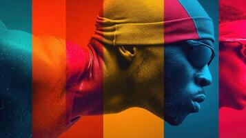Dramatic underwater portrait of a swimmer showcasing determination and focus during a competitive event in vibrant colors photo