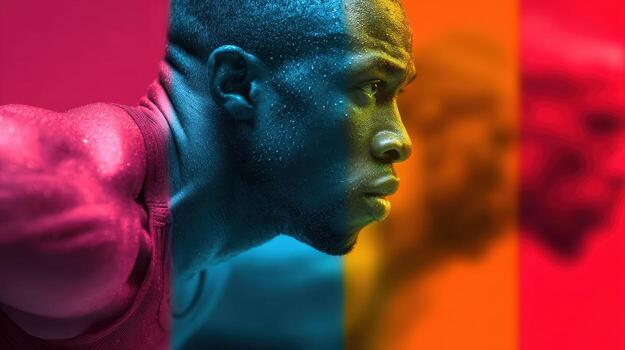 Athlete focused on performance during intense training session in a vibrant gym setting photo