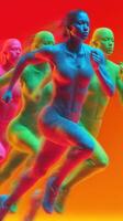 Multiple dynamic runners in vibrant colors sprinting forward in an abstract artistic representation photo