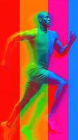 Dynamic athlete sprinting in vibrant colors during a competitive event photo