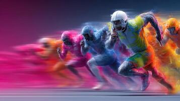 Dynamic athletes sprinting at high speed through a colorful, abstract background during an energetic competition photo