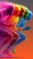 Vibrant runners competing in a colorful sprint with powder bursts captured in a dynamic display of speed and energy photo