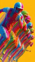 Colorful figures representing athletes in motion during a dynamic sporting event in a vibrant setting photo