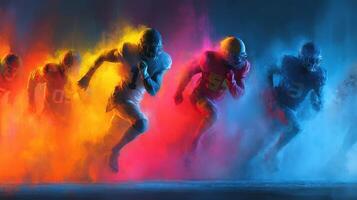 Exciting football players sprinting through colorful smoke during a night game photo