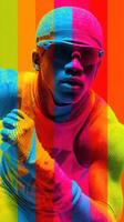 Colorful athlete posing dynamically in vibrant hues during a sport event in a creative artistic style photo
