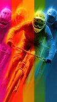 Biking enthusiast racing through vibrant trails under an energizing atmosphere at sunset photo