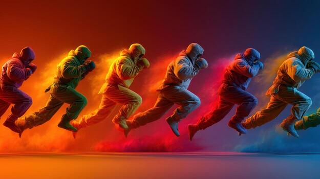 Dynamic display of movement with a runner in motion across a colorful gradient background photo