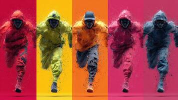 Dynamic figures in vibrant colors showcase motion and energy during an athletic sprint in urban setting photo