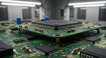 Close Up of Circuit Board with Electronic Components photo