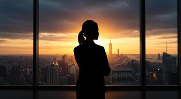 Businesswoman Silhouette Looking at City Skyline Sunset View photo