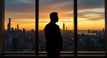 Businessman Silhouette Looking at City Skyline Sunset photo