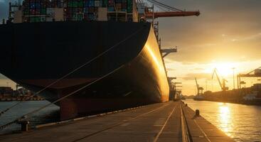 Large Container Ship Docked at Port Terminal During Sunset photo