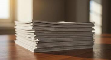 Stack of Paper on Wooden Table photo