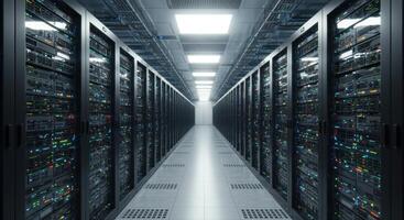 Symmetrical View Inside High-Tech Server Data Center photo