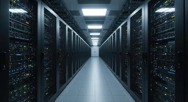 Empty Modern Server Room with Rows of Data Racks photo
