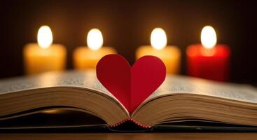 Open book with red heart bookmark and lit candles photo