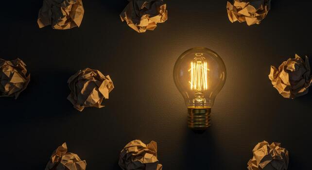 Idea Concept with Glowing Light Bulb and Crumpled Paper Balls photo