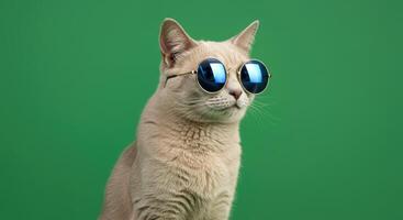Funny Cat Wearing Round Sunglasses on Green Background photo